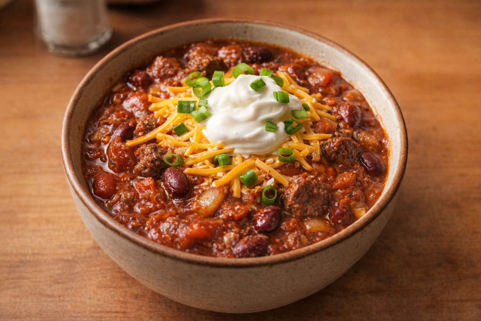 A top-down, warm-lit studio shot of a bowl of thick, hearty chili with visible chunks of beef, beans, and vegetables, topped with shredded cheese, sour cream, and chopped green onions.